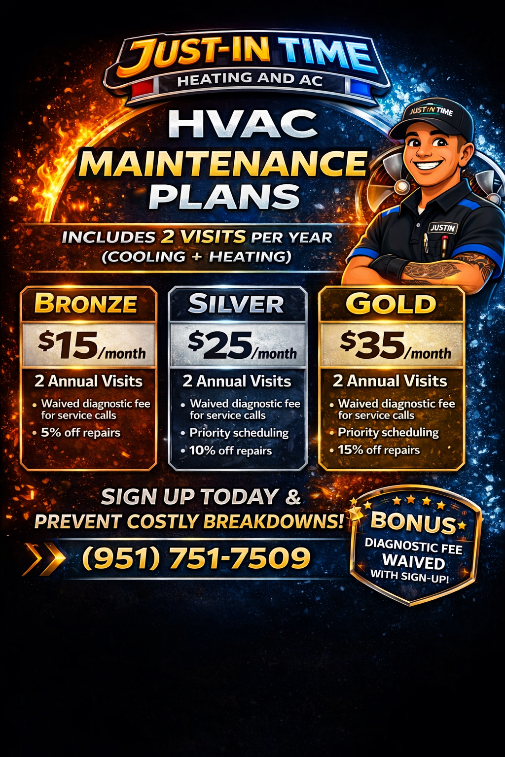 HVAC Maintenance Plans — Bronze $15/mo, Silver $25/mo, Gold $35/mo